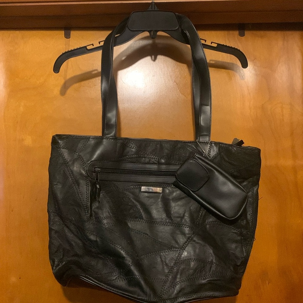 No Label Black Leather Patchwork Tote Bag with Cell Phone Holder